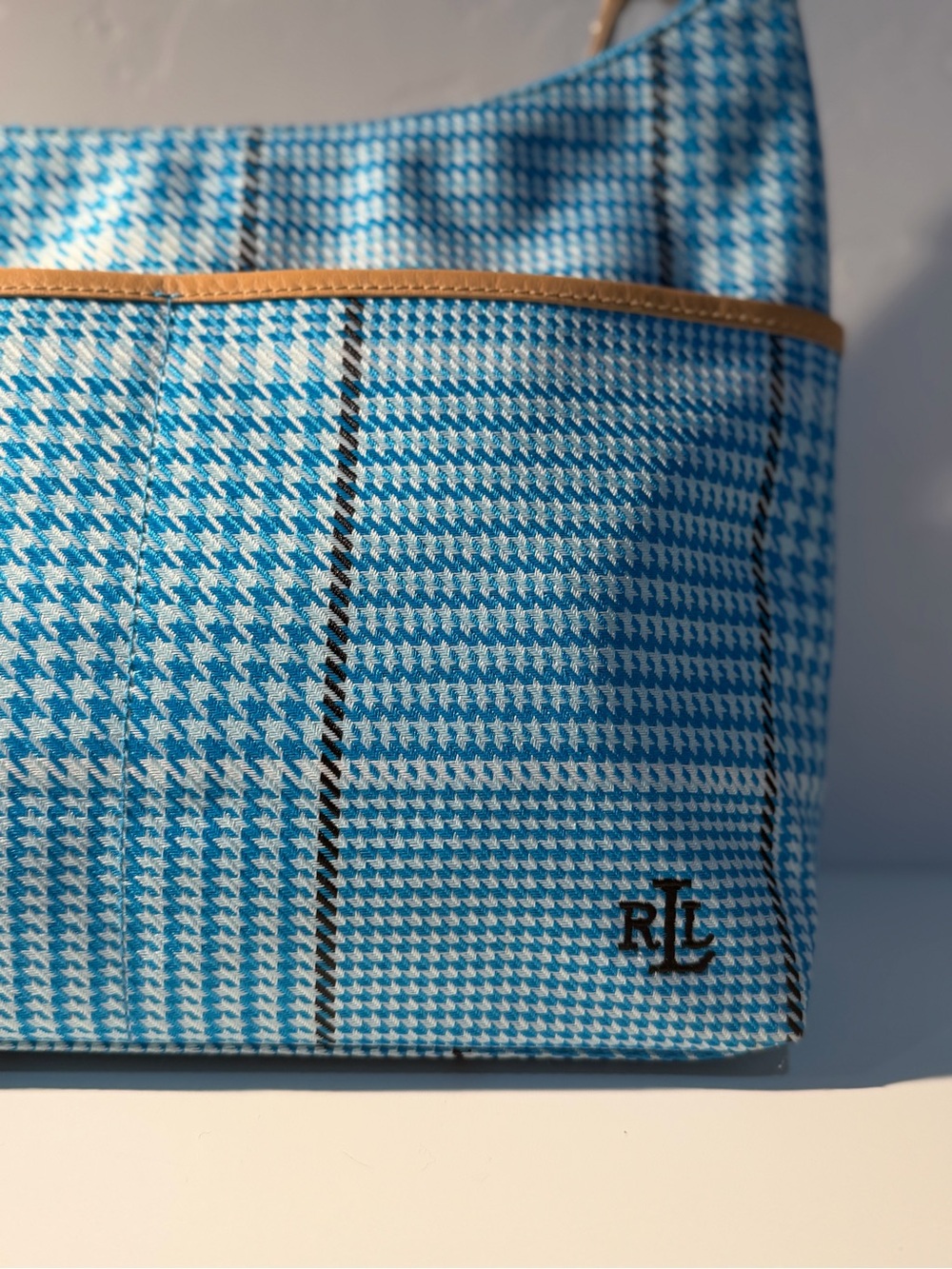 Ralph Lauren Houndstooth Shoulder Bag Vintage Plaid Fabric Purse with Leather - Picture 2 of 12